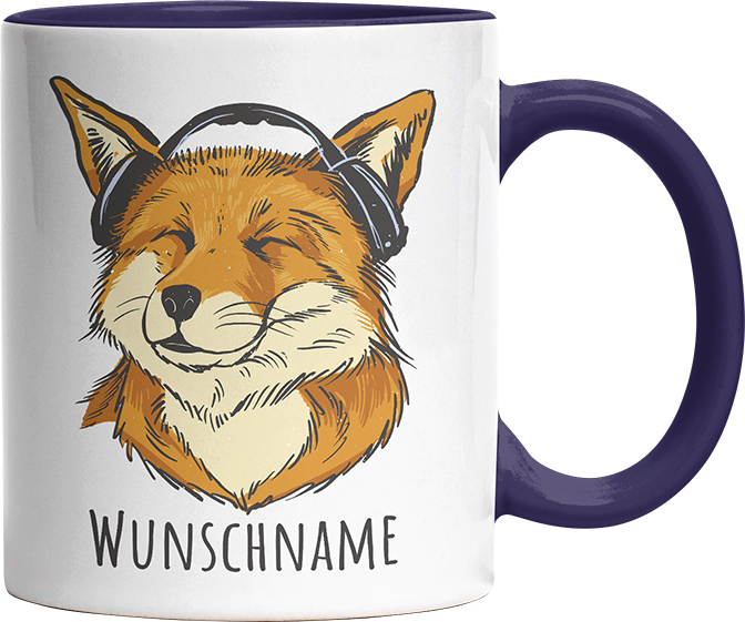 Fuchs mit Kopfhörern Personalisierbar Name Witzige Kobaltblau Tasse kaufen Geschenk
