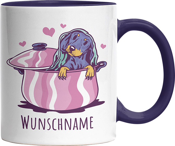 Dackel in Kochtopf Personalisierbar Name Witzige Kobaltblau Tasse kaufen Geschenk