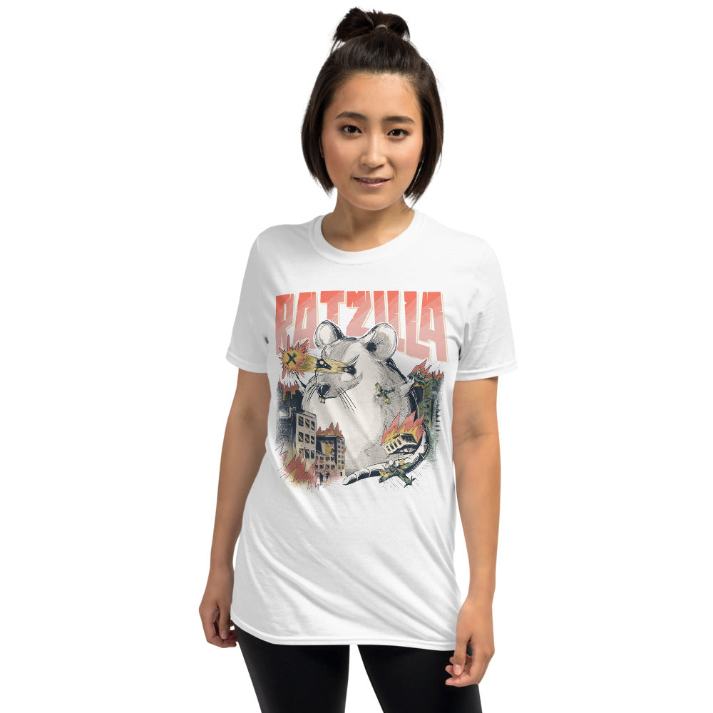 Funny Cool RATZILLA | ANGRY VERSION | Unisex Shirt | Gift For Fancy Rat Holders | Rats Owners Funshirt | Cute Dangerous Rodent in White in Größe S
