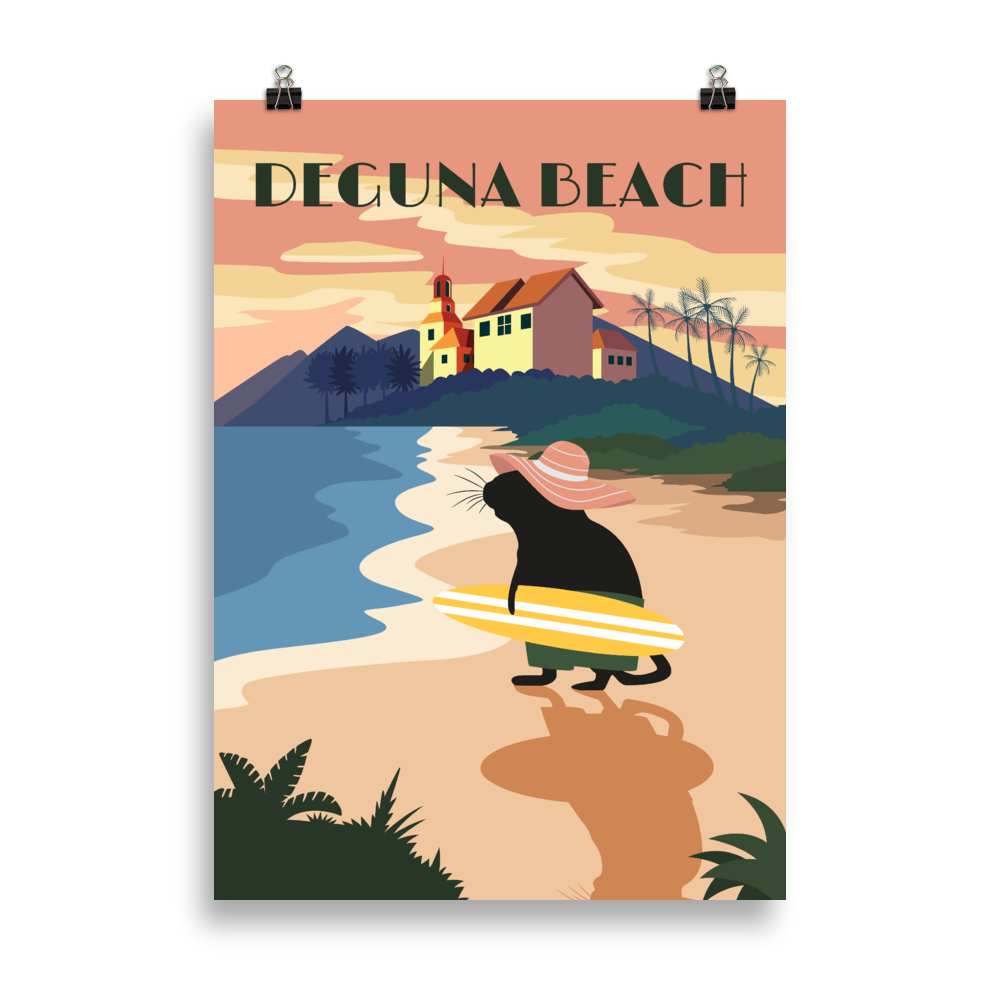 Zeigt den Deguna Beach mit Octodon Degu und Surfbrett