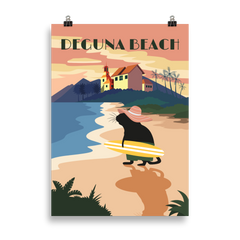 Zeigt den Deguna Beach mit Octodon Degu und Surfbrett