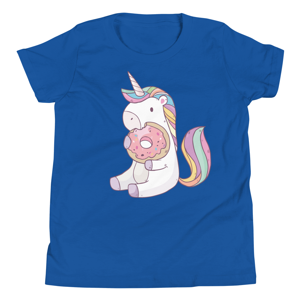 Zeigt ein T-Shirt für Kids und Teenager mit Einhorn isst Donut | T-Shirt für Kinder & Jugendliche