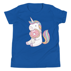Zeigt ein T-Shirt für Kids und Teenager mit Einhorn isst Donut | T-Shirt für Kinder & Jugendliche