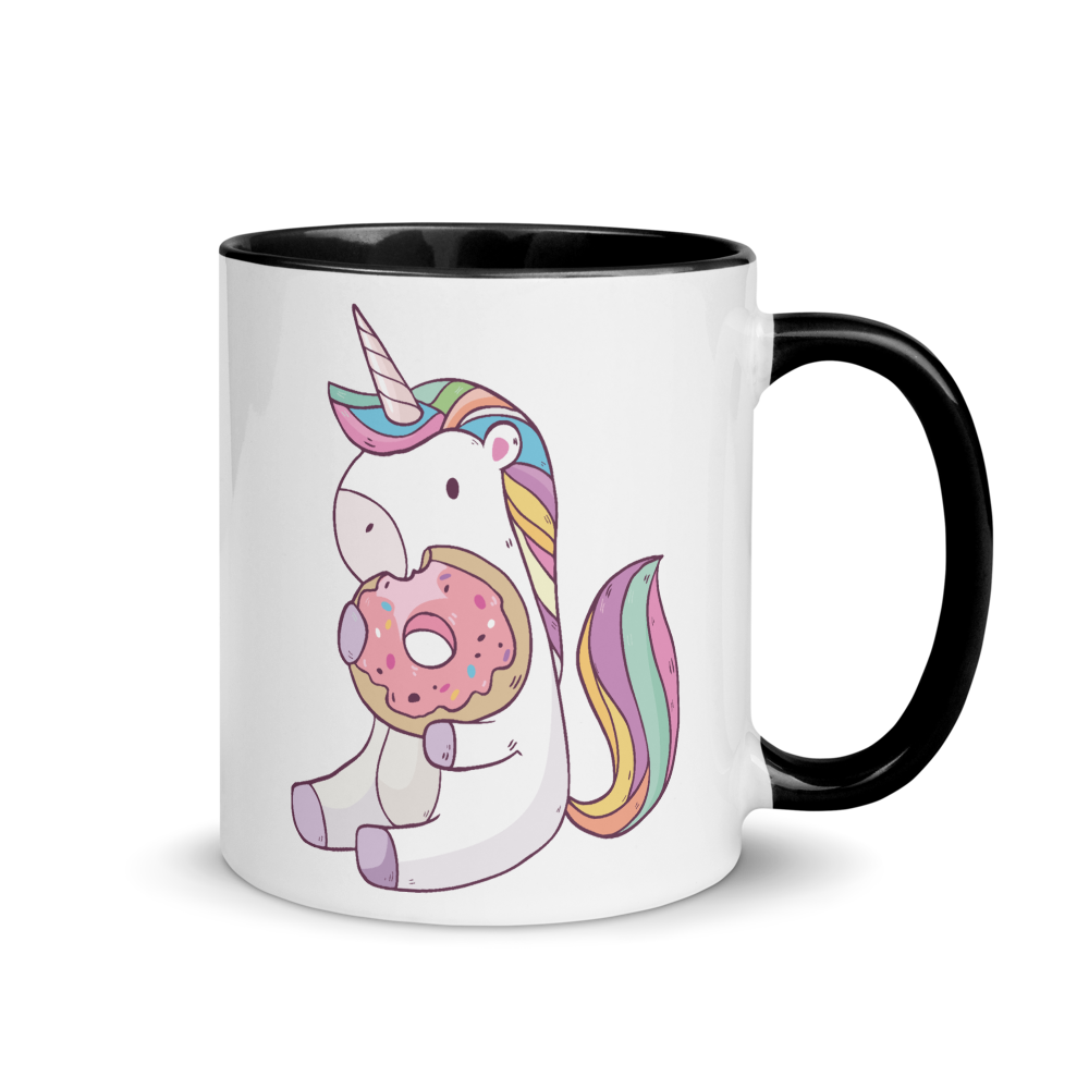 Bild einer Einhorn isst Donut | Tasse mit farbiger Innenseite