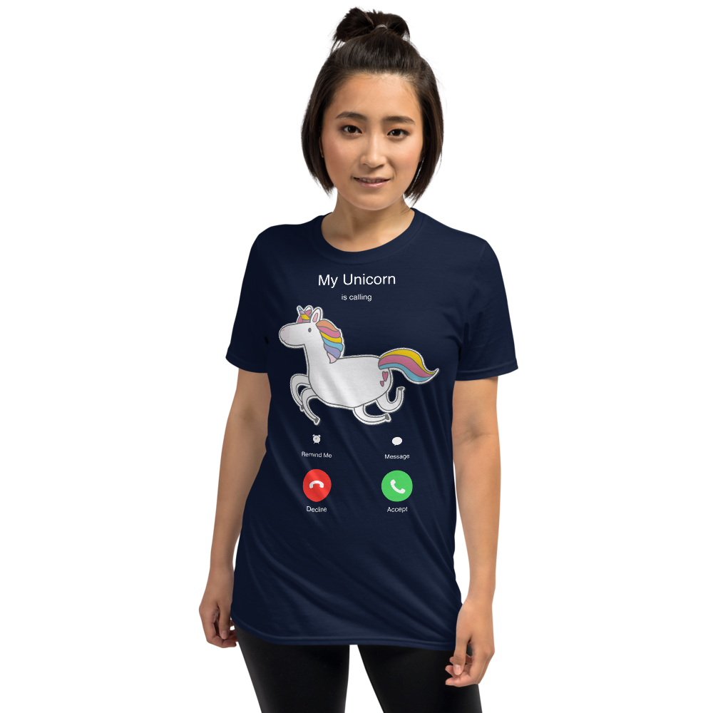 Mockup My Unicorn Is Calling | Unisex-T-Shirt in Schwarz für Größe S