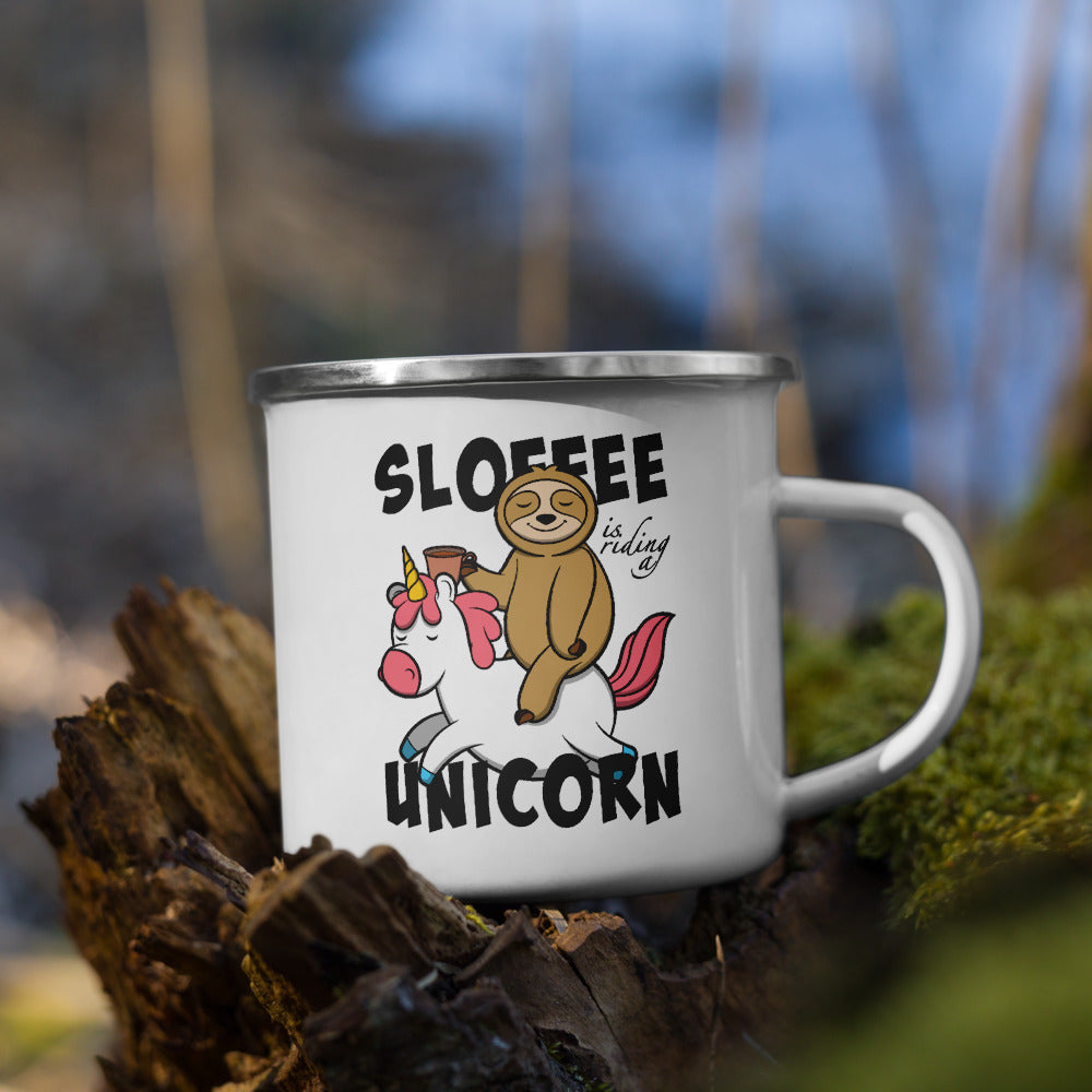Sloffee Is Riding a Unicorn | Emaille Tasse Lustiger Spruch
