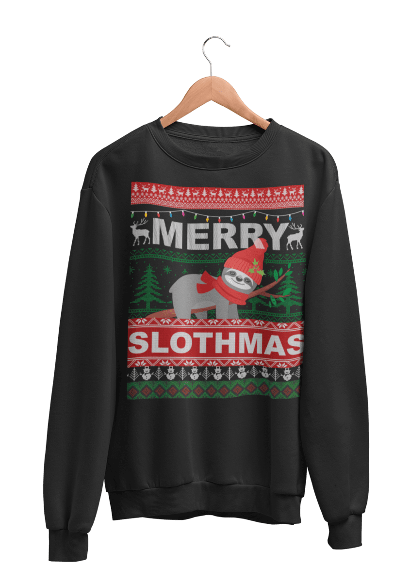 Merry Slothmas | Ugly Christmas Sweater | Mit Faultier | Unisex Pullover in Jet Black in Größe S