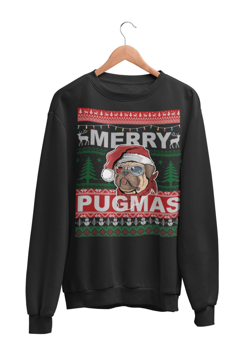 Merry Pugmas | Weihnachten | Lustiger Spruch für  Mops Besitzer | Unisex Pullover in Jet Black in Größe S