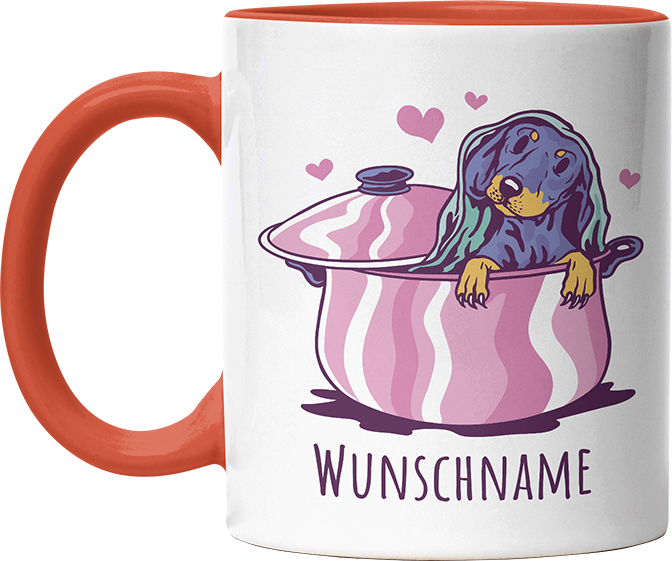 Dackel in Kochtopf Personalisierbar Name Witzige Orange Tasse kaufen Geschenk