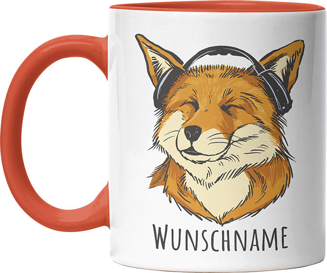 Fuchs mit Kopfhörern Personalisierbar Name Witzige Orange Tasse kaufen Geschenk