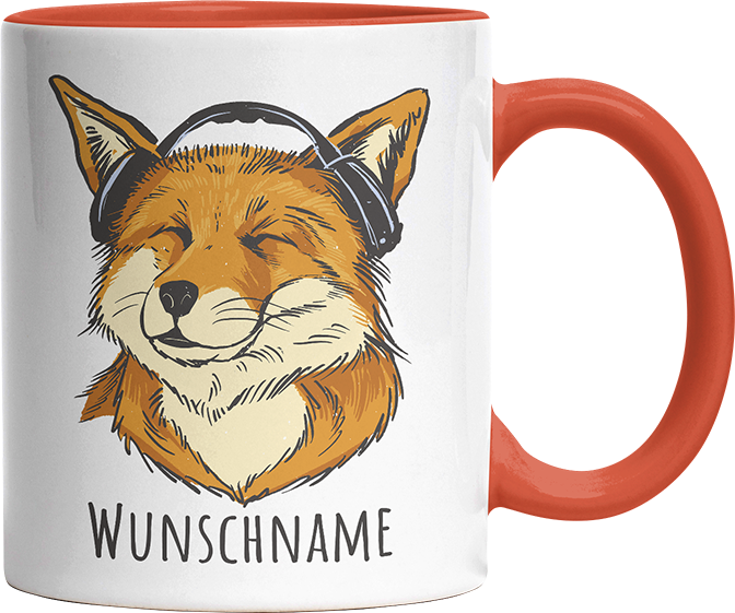 Fuchs mit Kopfhörern Personalisierbar Name Witzige Orange Tasse kaufen Geschenk