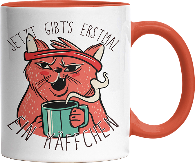 Jetzt gibts erstmal ein Käffchen Katze 2 Witzige Orange Tasse kaufen Geschenk
