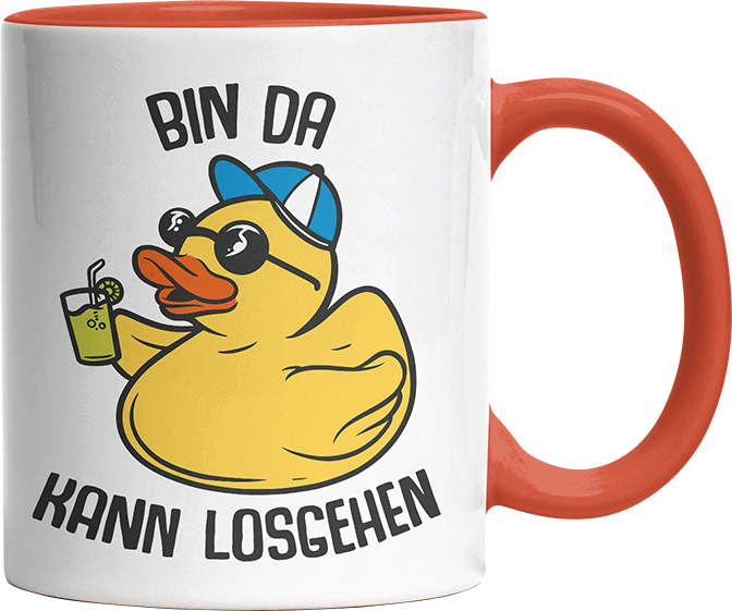 Bin da kann losgehen Badeentchen Witzige Orange Tasse kaufen Geschenk