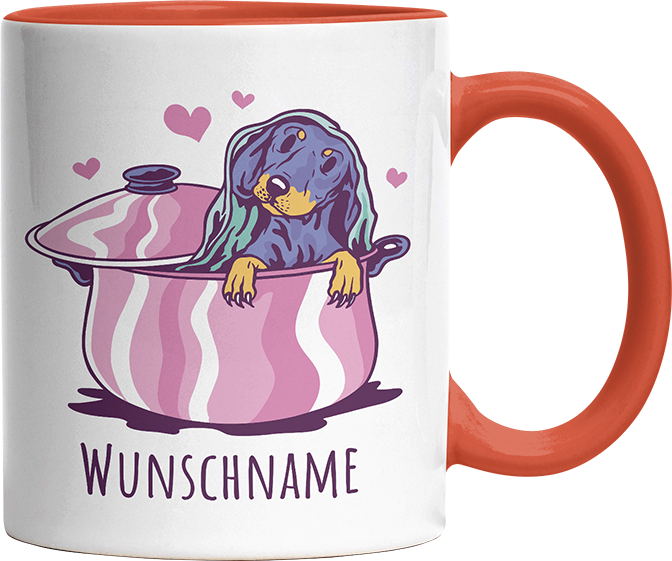 Dackel in Kochtopf Personalisierbar Name Witzige Orange Tasse kaufen Geschenk