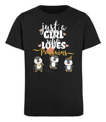 Just A Girl Who Loves Penguins | Kinder Organic T-Shirt in Black in Größe 12/14 (152/164)