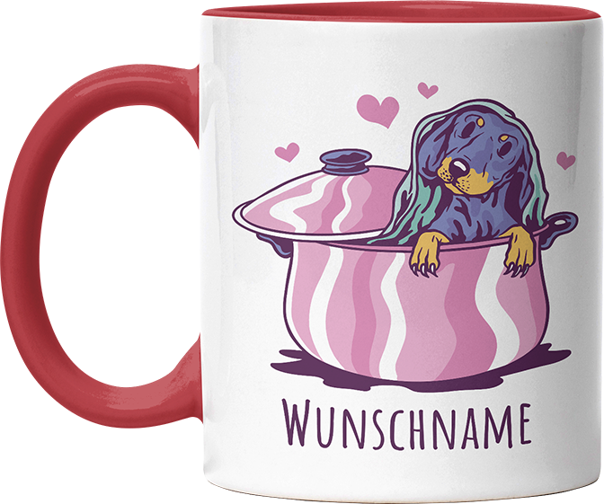 Dackel in Kochtopf Personalisierbar Name Witzige Rot Tasse kaufen Geschenk
