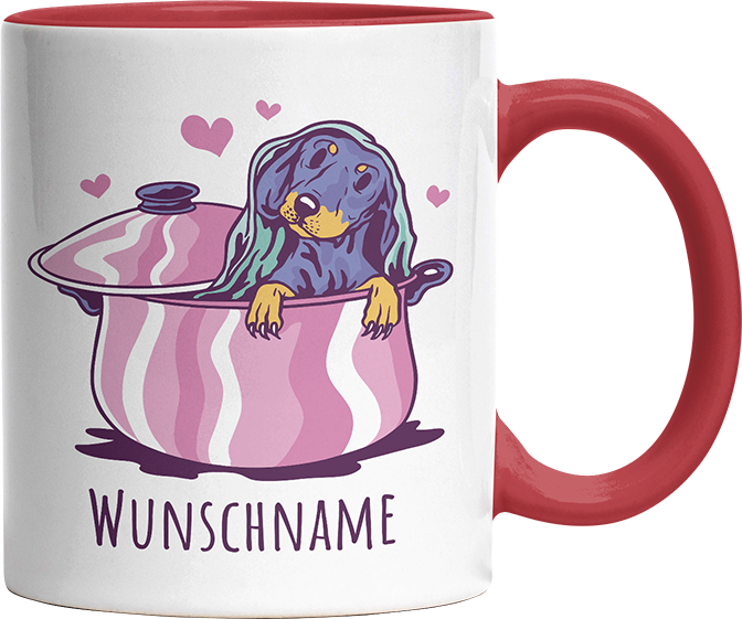 Dackel in Kochtopf Personalisierbar Name Witzige Rot Tasse kaufen Geschenk