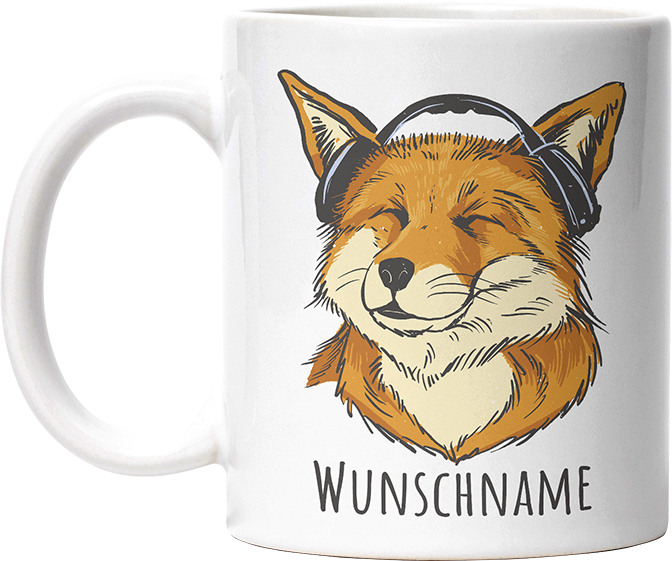 Fuchs mit Kopfhörern Personalisierbar Name Lustige Kaffeetassee online kaufen Geschenkidee