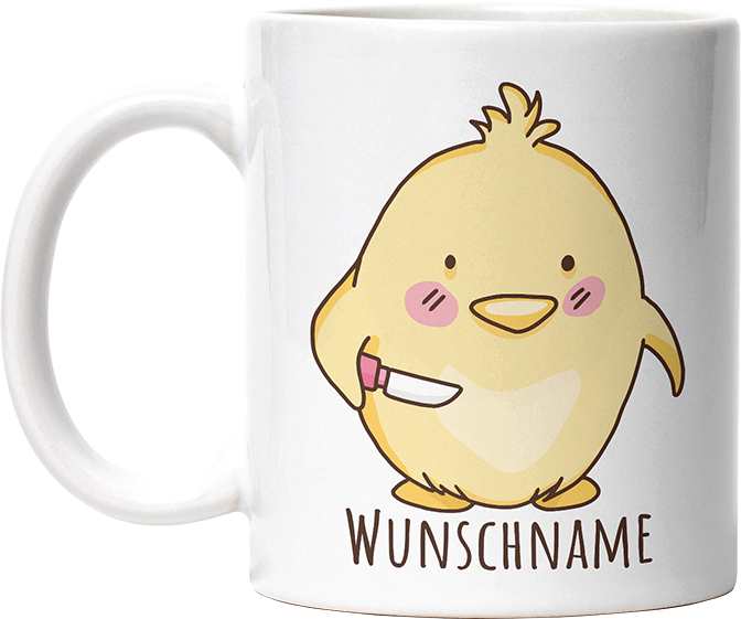 Kücken mit Messer Personalisierbar Name Lustige Kaffeetassee online kaufen Geschenkidee