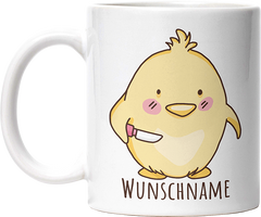 Kücken mit Messer Personalisierbar Name Lustige Kaffeetassee online kaufen Geschenkidee