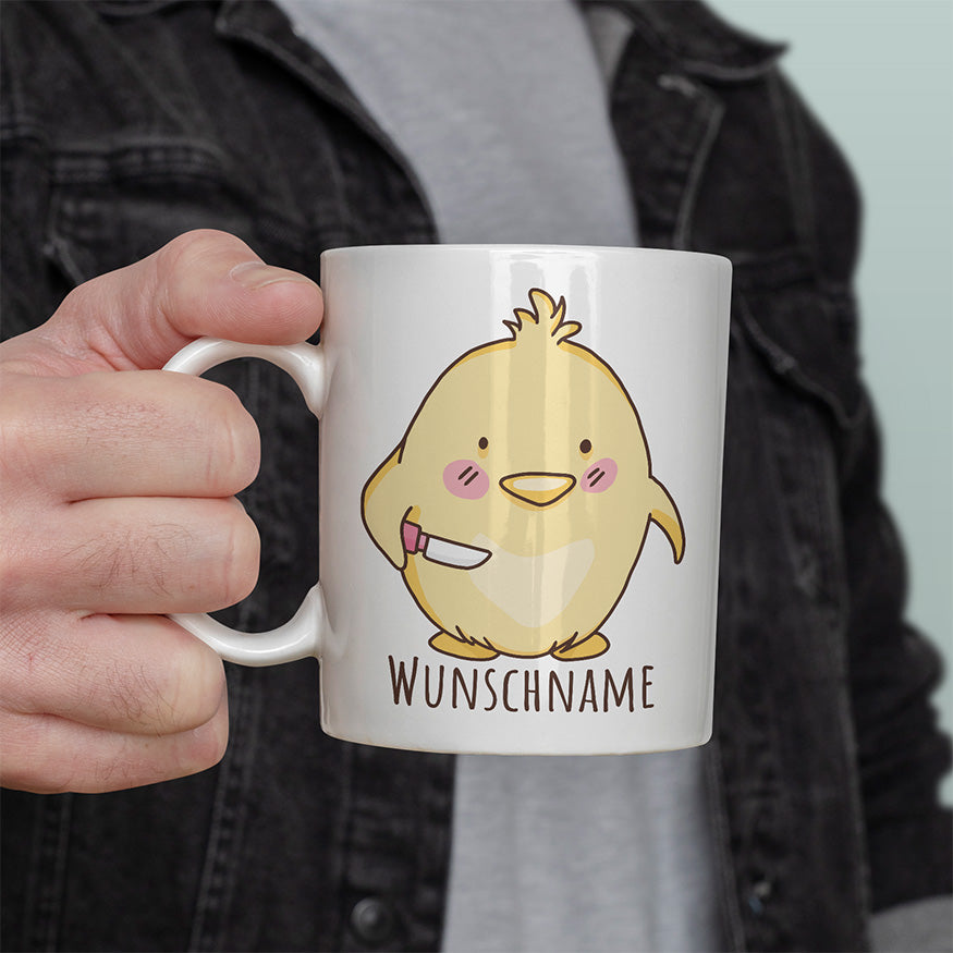 Kücken mit Messer Personalisierbar Name Lustige Kaffeetassee online kaufen Geschenkidee