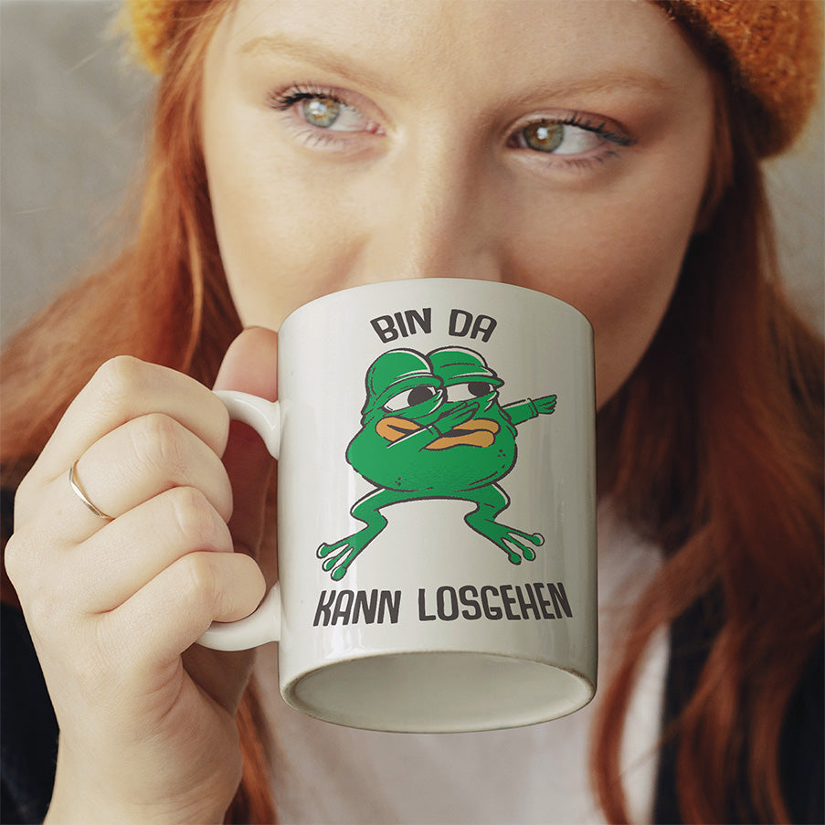 Bin da kann losgehen Frosch Lustige Kaffeetassee online kaufen Geschenkidee
