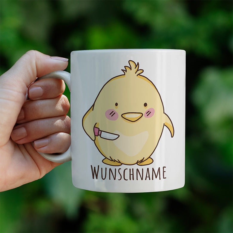 Kücken mit Messer Personalisierbar Name Lustige Kaffeetassee online kaufen Geschenkidee