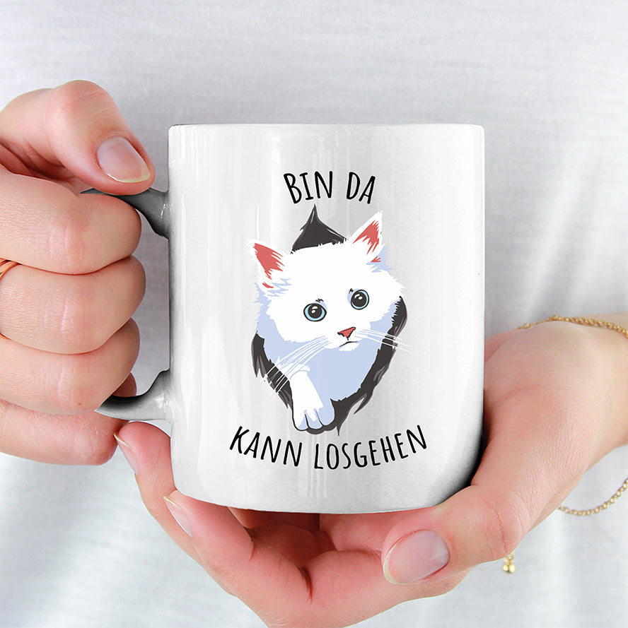 Bin da kann losgehen Katze Lustige Kaffeetassee online kaufen Geschenkidee